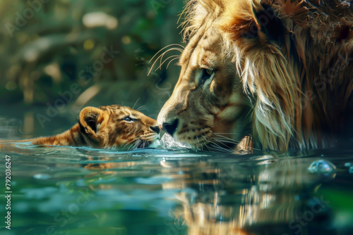 A lion and a cub are playing in a river