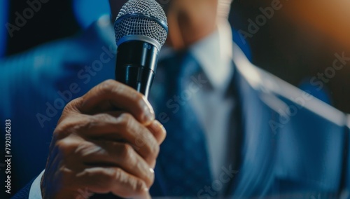 Close up of a business man giving a speech at the podium in front of a crowd during a conference or harmony event, closeup on a hand holding a microphone near the speaker's mouth Generative AI photo