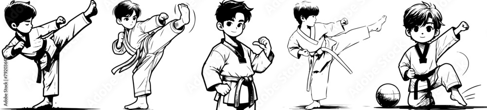 vector set of karate and taekwondo sportsmen in kimono for black and white logo vector set of karate and taekwondo sportsmen in kimono for black and white logo