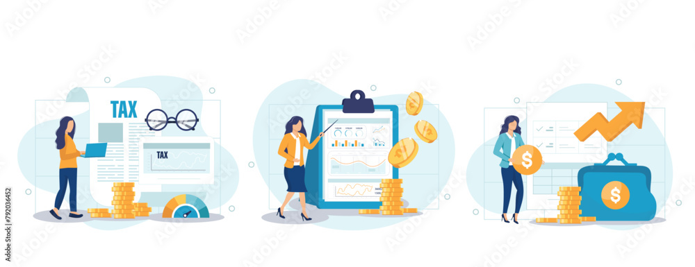 Financial or business profession set. Business character making financial operation. Economist, financier, broker, accountant, trader, tax inspector, commercial director. Vector illustration