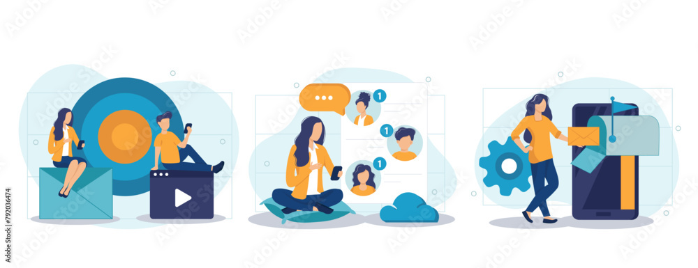 Email service isolated set. Advertising or newsletter, personal correspondence. People collection of scenes in flat design. Vector illustration for blogging, website, mobile app, promotional materials Email service isolated set. Advertising or newsletter, personal correspondence. People collection of scenes in flat design. Vector illustration for blogging, website, mobile app, promotional materials