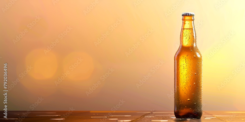 A bottle of beer is sitting on a table with a blurry background. The bottle is half full and has condensation on the outside. Concept of relaxation and leisure A bottle of beer is sitting on a table with a blurry background. The bottle is half full and has condensation on the outside. Concept of relaxation and leisure