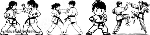 vector set of karate and taekwondo sportsmen in kimono for black and white logo