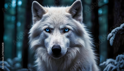 White wolf with a blue eyes portrait in the woods