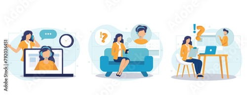 Customer support illustration set. Characters asking a questions, receiving answers from helpdesk operator, sharing user experience and giving customer feedback. Vector illustration.