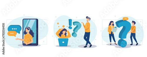 Customer support illustration set. Characters asking a questions, receiving answers from helpdesk operator, sharing user experience and giving customer feedback. Vector illustration.