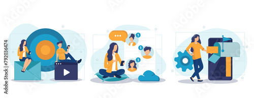 Email service isolated set. Advertising or newsletter, personal correspondence. People collection of scenes in flat design. Vector illustration for blogging, website, mobile app, promotional materials