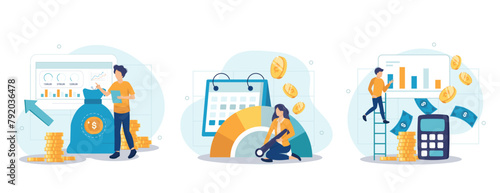 Cost optimization concept set. Idea of financial and marketing strategy. Cost and income balance. Spending and cost reduction, while maximizing business value. Isolated flat illustration vector