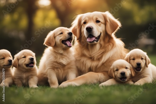 'golden happy feeding dog puppies retriever puppy cute pet adorable white breed animal domestic mammal pedigree little purebred young baby portrait mother background litter floor doggy looking'