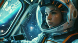 Beautiful girl in a spacesuit, whose face is clearly visible through her helmet, drives a space taxi. A taxi is approaching the planet.