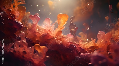  Experience the magical interplay of light and color as oil bubbles cascade over a rich coral background, brought to life in stunning HD resolution  photo