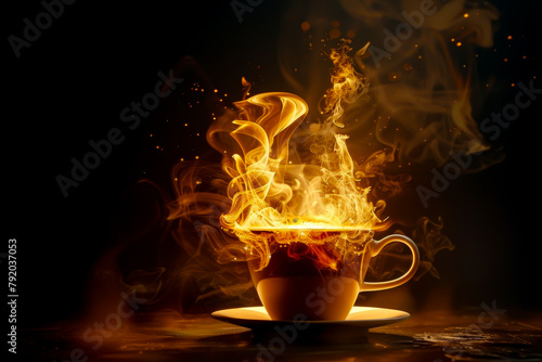 A cup of coffee is on a table with smoke coming out of it. Concept of warmth and comfort, as well as a feeling of relaxation