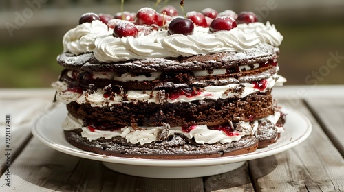 Black Forest Cake, Germany, chocolate cake doused in a cherry syrup spiked with kirschwasser, a sour cherry brandy, then stacked atop a thin, chocolate base with deep layers of whipped cream