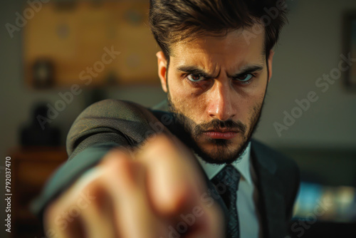 A man in a suit and tie is making a fist and glaring at the camera. Concept of anger and frustration, as if the man is about to engage in a heated argument or confrontation