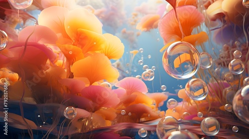  Lose yourself in the dreamlike scene of oil bubbles floating serenely against a backdrop of vibrant coral, portrayed with breathtaking realism in HD imagery 