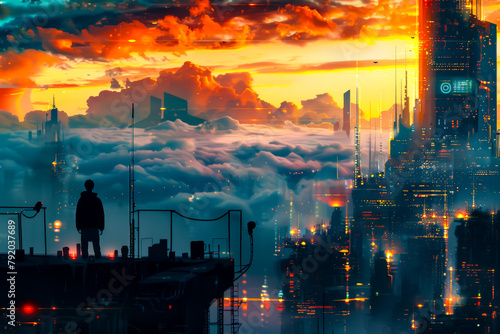 A man stands on a rooftop looking out over a city at night. The sky is filled with clouds and the sun is setting, creating a moody atmosphere photo