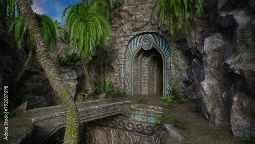 Entrance to an old fantasy temple or tomb in the mountains with stone bridge and palm trees outside. 3D render.