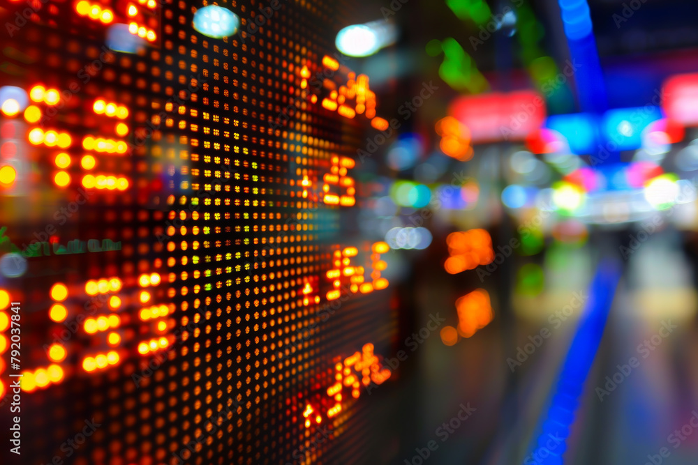 Obraz premium A bright, colorful, and blurry image of a stock market ticker. Concept of excitement and energy, as the numbers and symbols on the screen seem to be constantly changing and moving