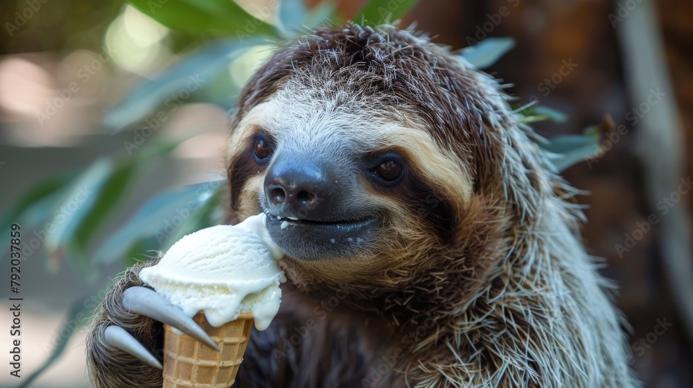 Fototapeta premium Portrait of a cute sloth close-up eating vanilla ice cream in a waffle cone