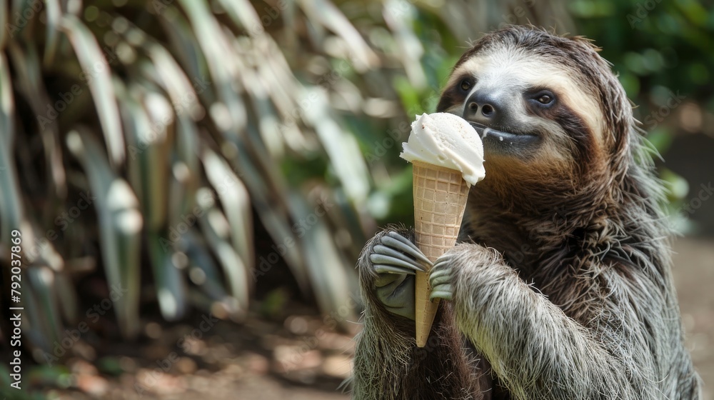 Fototapeta premium Sloth eating ice cream in a waffle cone in the park