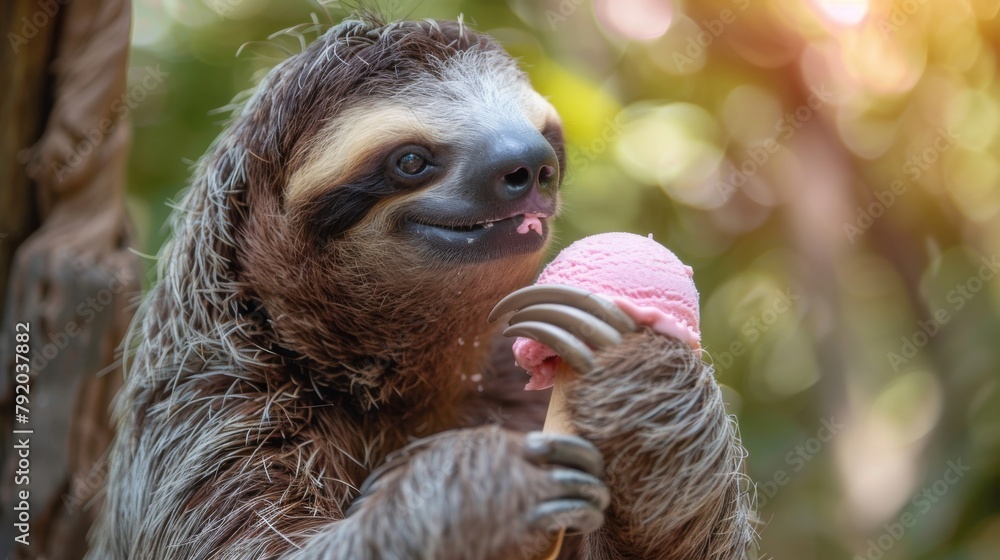 Obraz premium Sloth eating ice cream in the forest, close-up
