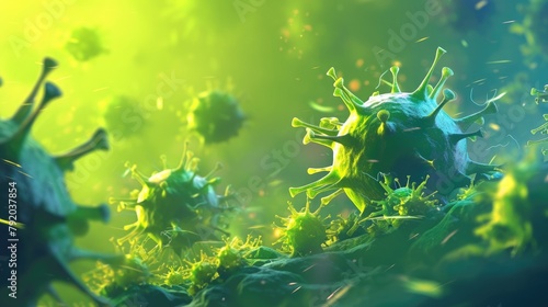 Illustration depicting the transmission of the coronavirus through a green 2019 nCoV virus bacterium showcasing a vibrant and dynamic visualization of the Covid 19 molecule