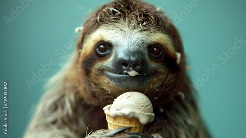 Cute sloth eating ice cream in a waffle cone