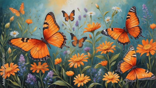 Intricate wildflowers and radiant orange butterflies painted using oil colors. © xKas