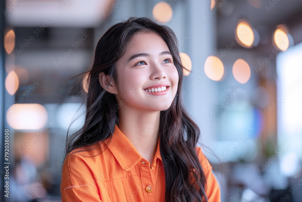 Side view of a Malay business woman happy at office talking to someone Side view of a Malay business woman happy at office talking to someone