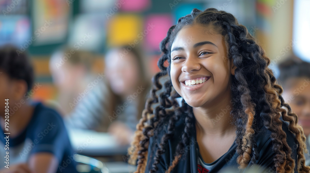 Amidst the engaging atmosphere of a classroom, a female high schooler smiles with infectious happiness, her cheerful expression capturing the spirit of unity and shared enthusiasm Amidst the engaging atmosphere of a classroom, a female high schooler smiles with infectious happiness, her cheerful expression capturing the spirit of unity and shared enthusiasm