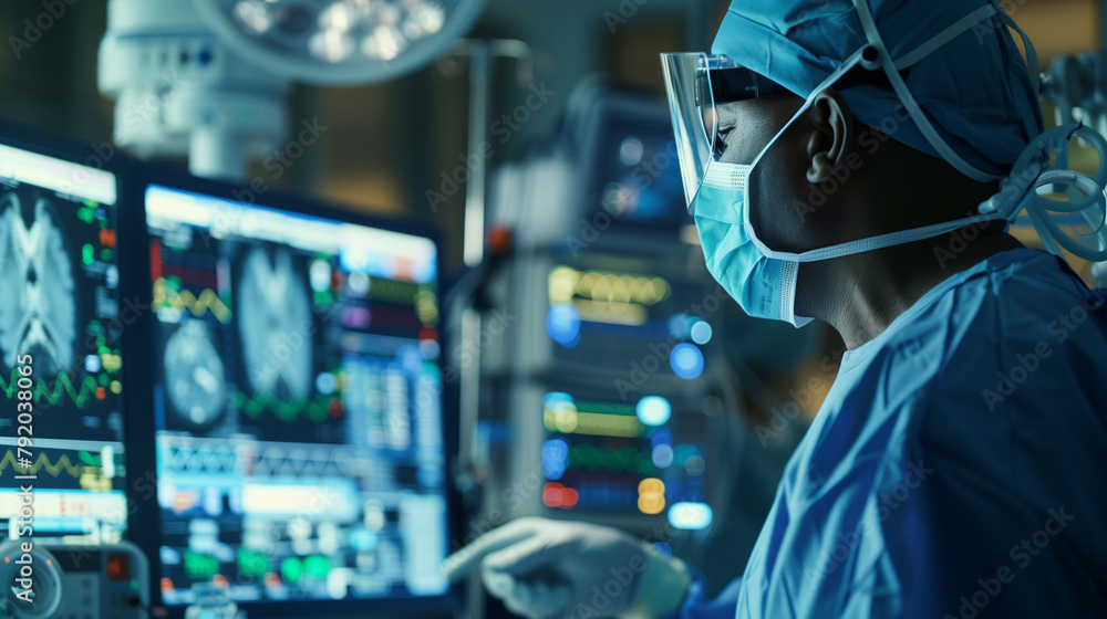 In an operating room filled with medical equipment, a focused surgeon in a mask closely monitors the patient's vital signs and indicators displayed on a monitor, ensuring precision In an operating room filled with medical equipment, a focused surgeon in a mask closely monitors the patient's vital signs and indicators displayed on a monitor, ensuring precision