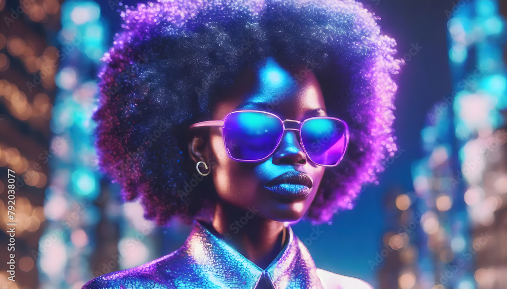 frau, puppe, barby, close up, future, dusk, farbe, bokeh, surreal, model, afro, neon, y2k, retro, sonnebrille, model, glitzer, glamour, urban, 1, bizarre, schwarz, Lila, futuristisch frau, puppe, barby, close up, future, dusk, farbe, bokeh, surreal, model, afro, neon, y2k, retro, sonnebrille, model, glitzer, glamour, urban, 1, bizarre, schwarz, Lila, futuristisch