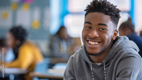 Surrounded by the energy of classroom discussions, a male student flashes a bright smile, symbolizing the excitement and positive interactions that characterize the academic journe photo