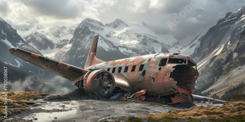 Plane crash, debris on the ground, Generative AI. photo