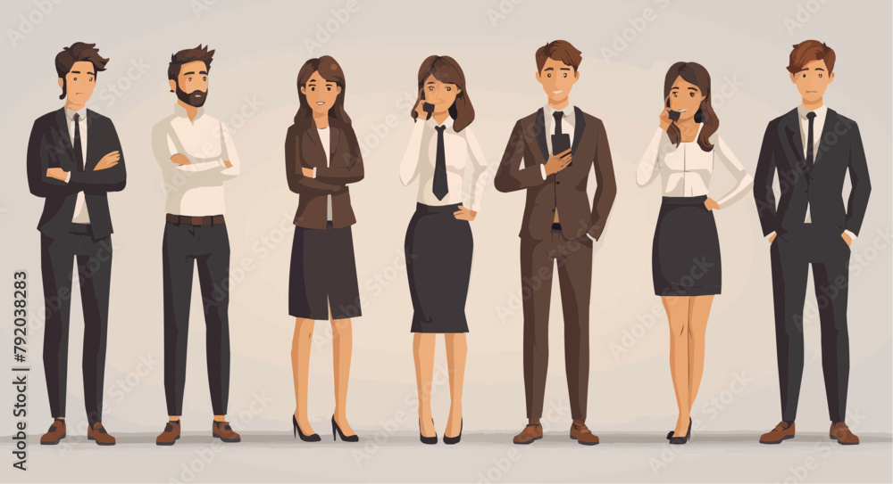 A set of young business men and women characters in an office talking A set of young business men and women characters in an office talking