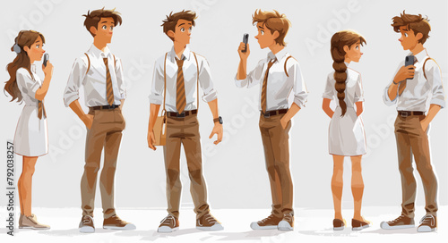 A set of young business men and women characters in an office talking