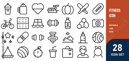 Fitness Line Editable Icons set. Vector illustration of modern thin line style icons of the components of an active lifestyle types of physical activity, proper nutrition, and sports equipment