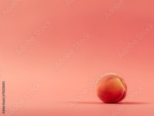 Single peach on a gradient peachy pink background. Concept of simplicity, healthy eating, and summer fruit. Design for food advertisement, poster, and minimalist backdrop with copy space. Studio shot.
