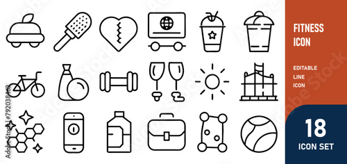 Fitness Line Editable Icons set. Vector illustration of modern thin line style icons of the components of an active lifestyle types of physical activity, proper nutrition, and sports equipment