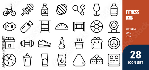 Fitness Line Editable Icons set. Vector illustration of modern thin line style icons of the components of an active lifestyle types of physical activity, proper nutrition, and sports equipment