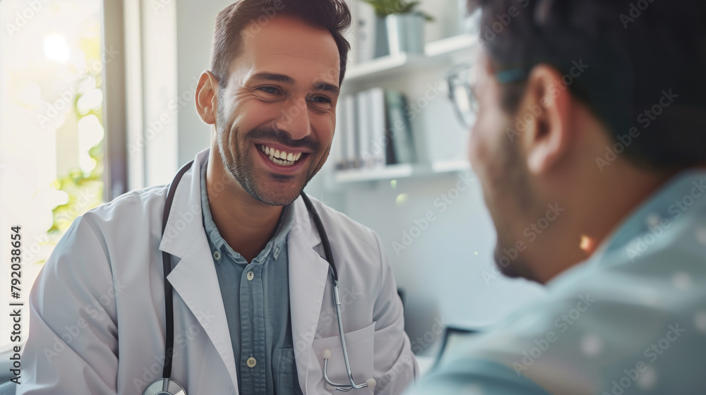 Fototapeta premium Amidst the comforting setting of a doctor's office, a male physician shares a moment of happiness with a patient, his smile and encouraging words embodying the essence of compassio