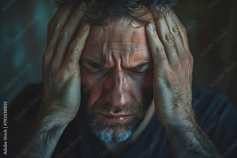 © ELmidoi-AI - A worried man with hands on temples feeling unwell during epilepsy awareness month. © ELmidoi-AI - A worried man with hands on temples feeling unwell during epilepsy awareness month.