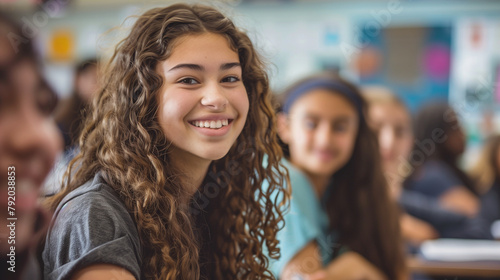 Amidst a group of students in a classroom setting, a female high schooler smiles brightly while seated at her desk, exuding positivity and enthusiasm for the academic environment,