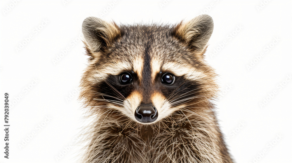 Portrait of a cute funny raccoon close-up isolated