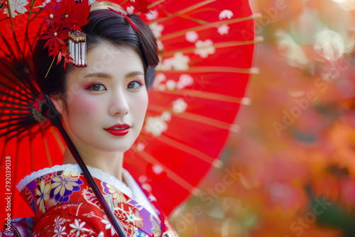 A woman wearing a red kimono and holding a red umbrella. The umbrella is open and the woman is posing for the camera