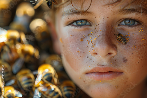 A boy covered in hives and welts after coming into contact with a bee, depicting the immediate skin reaction of insect sting allergies. Concept of insect sting allergy response. Generative Ai. photo