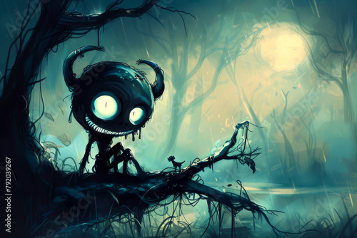 A creepy monster is sitting on a branch in a dark forest. Scene is eerie and unsettling