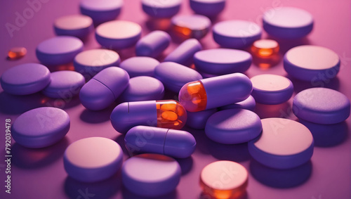 Orange and pink pills in purple light.