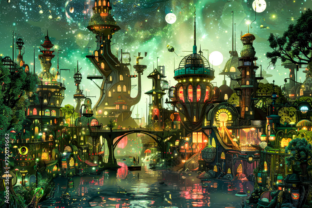 Obraz premium A cityscape with a bridge and a river. The city is full of buildings and has a futuristic feel to it