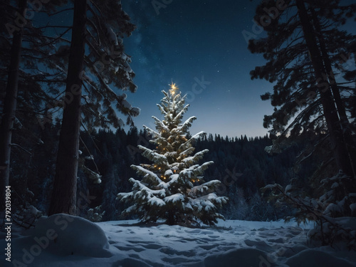 Peaceful holiday landscape, Snow-capped Christmas tree in a wintry forest, providing space for text under the nighttime sky.
